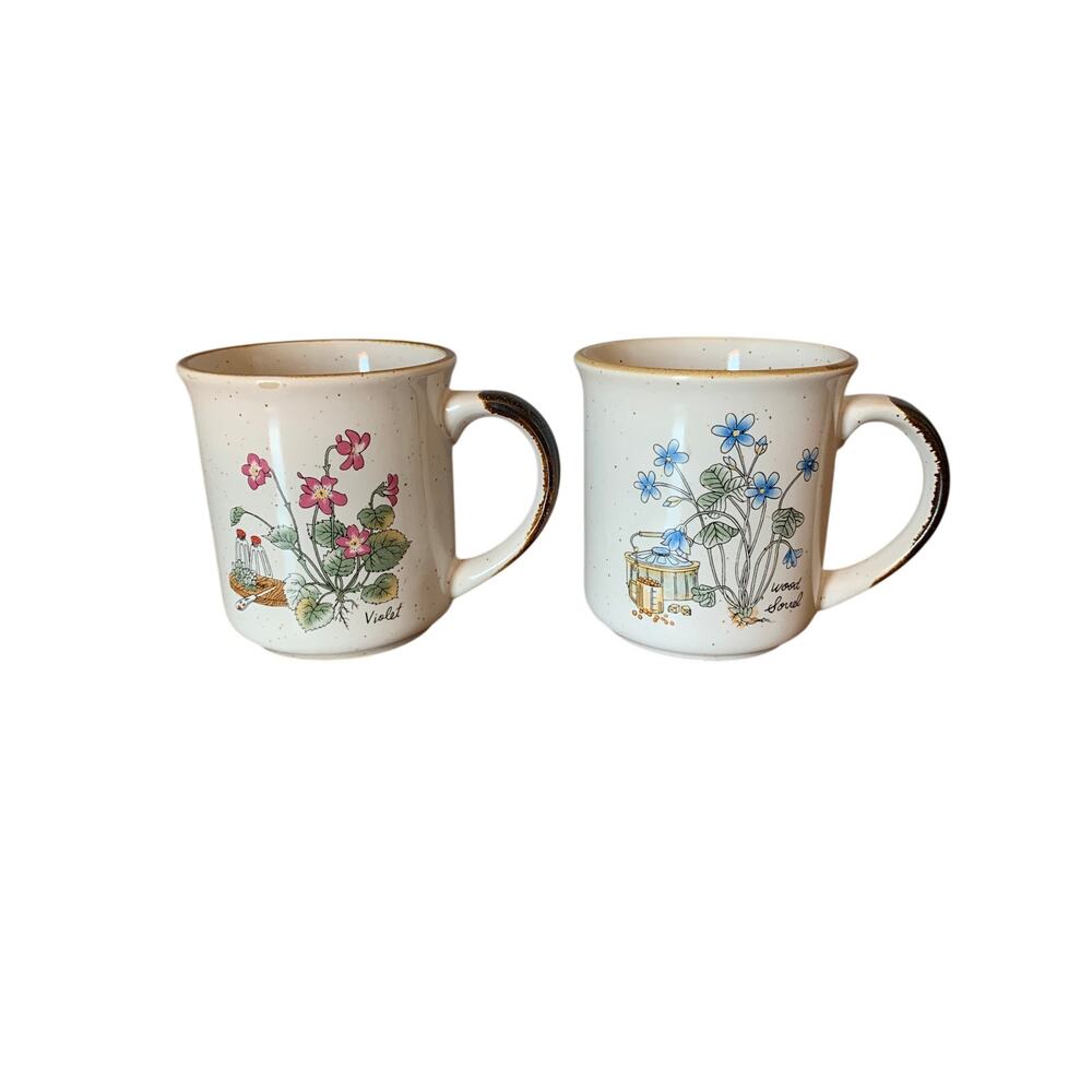 Speckled Floral Coffee Cups Mugs Wood Sorrel & Violet Stoneware Vintage Set of 2